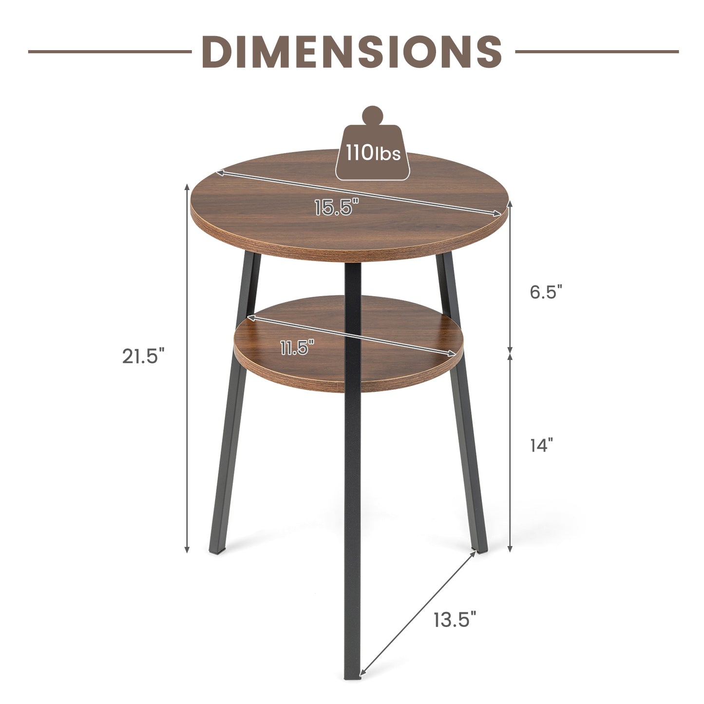 2-Tier Round End Table Set of 2 with Open Shelf and Triangular Metal Frame-Walnut