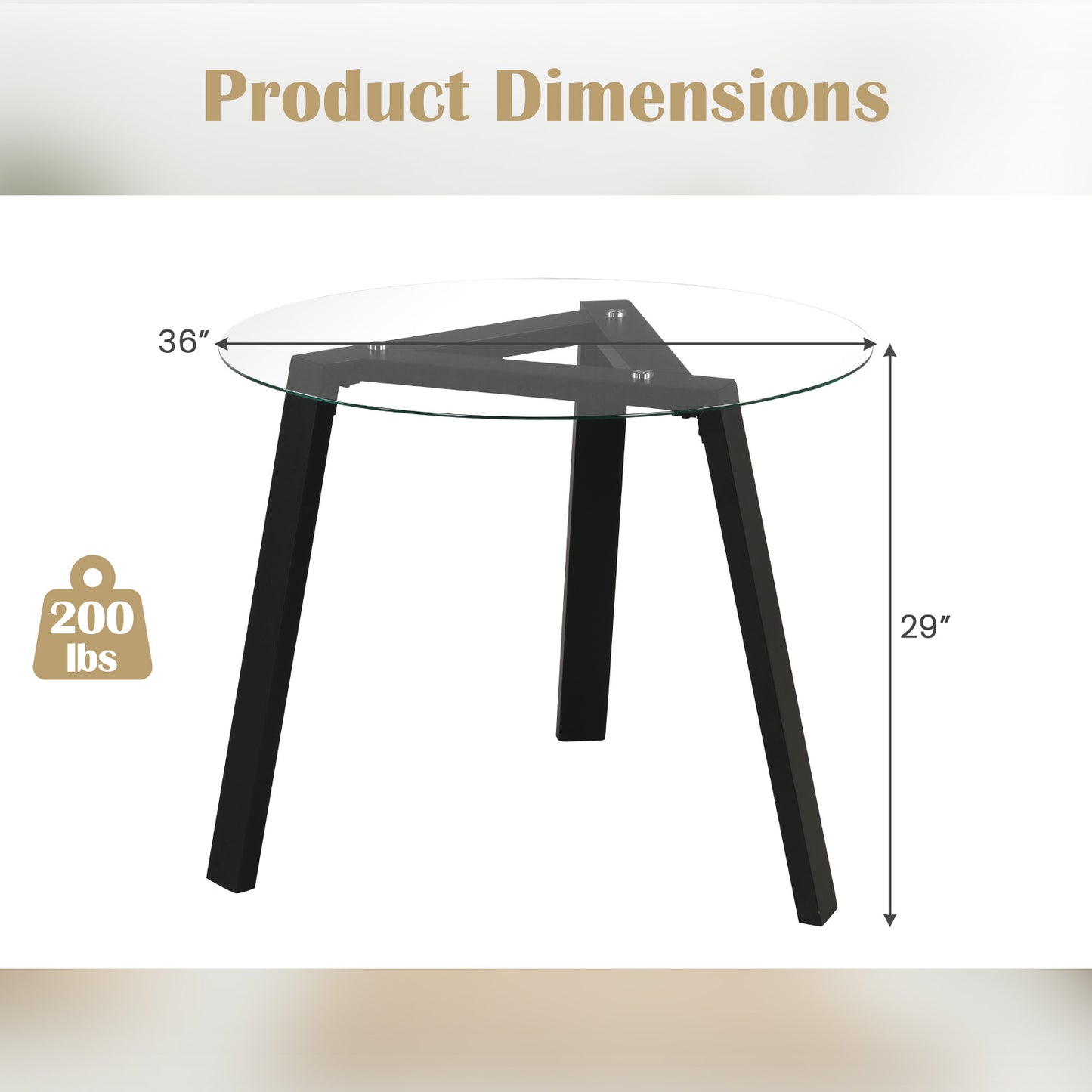 36 Inches Round Glass Dining Table for 4 with Rubber Wood Frame-Black