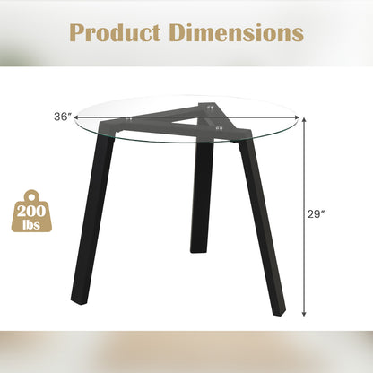 36 Inches Round Glass Dining Table for 4 with Rubber Wood Frame-Black