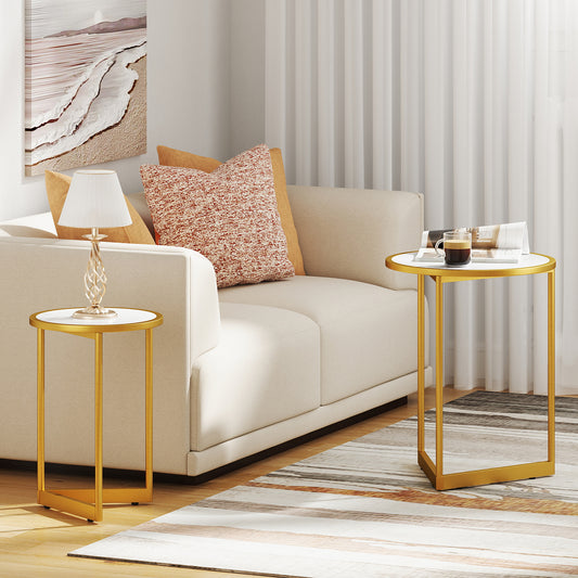 Round Nesting Table Set of 2 with Marble-like Tabletop-White