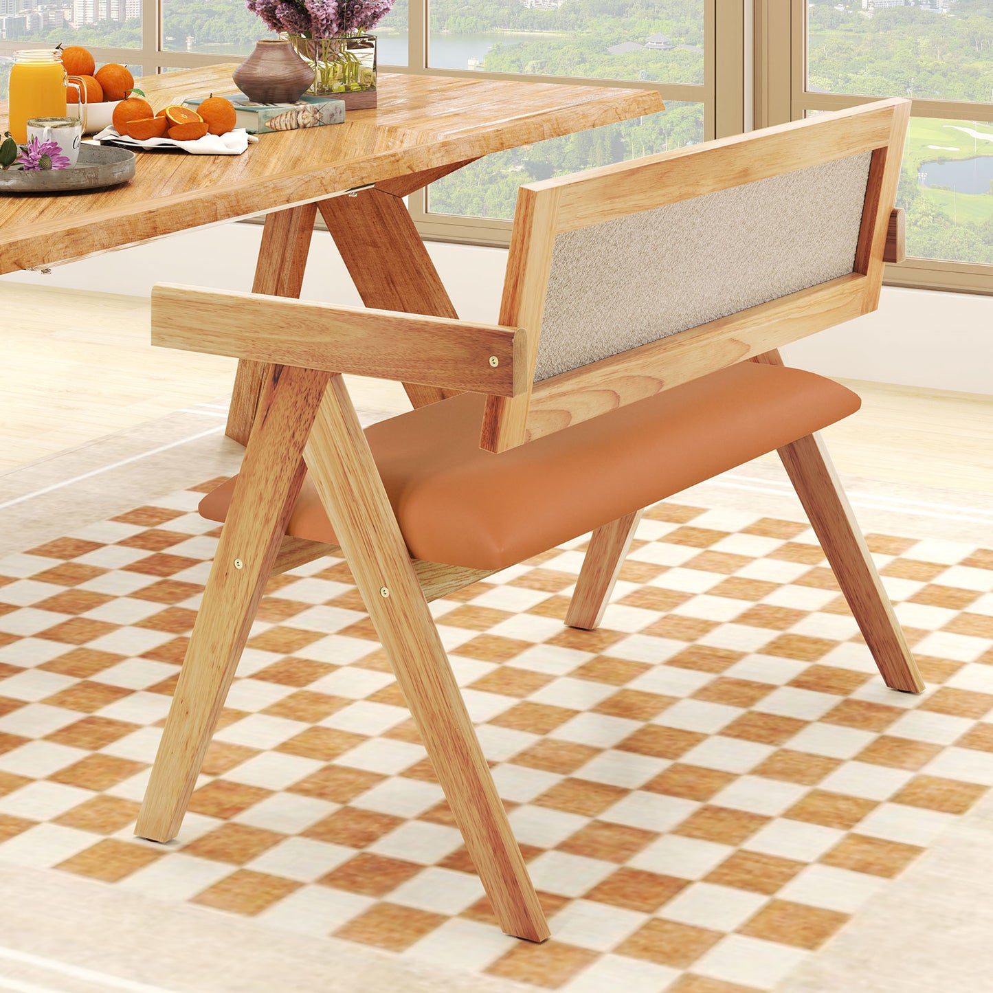 Rubber Wood Dining Bench with Armrest Sherpa Upholstered Backrest and Soft-padded Seat-Natural