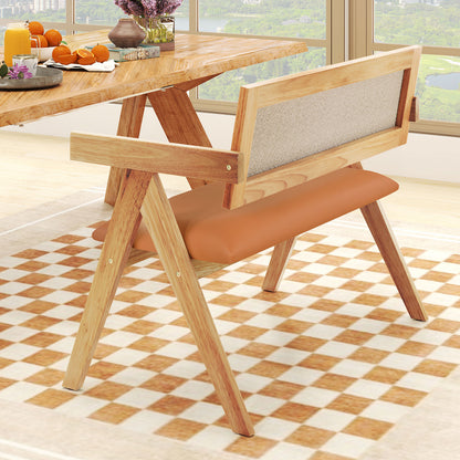 Rubber Wood Dining Bench with Armrest Sherpa Upholstered Backrest and Soft-padded Seat-Natural