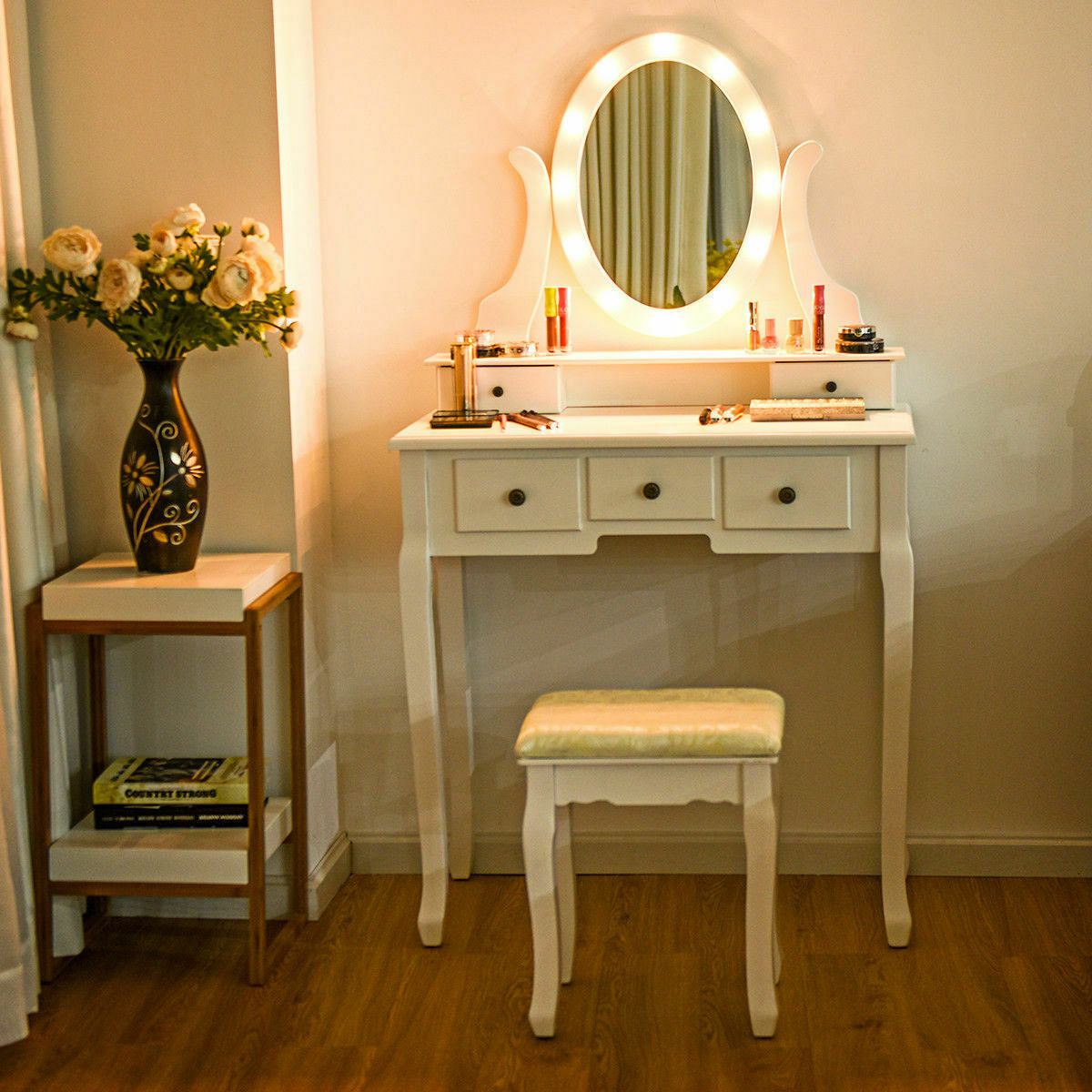 5 Drawers Vanity Table Stool Set with 12-LED Bulbs-White - White
