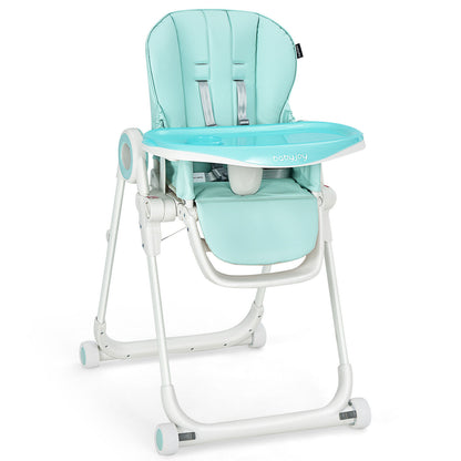 Baby High Chair Foldable Feeding Chair with 4 Lockable Wheels-Green - Green