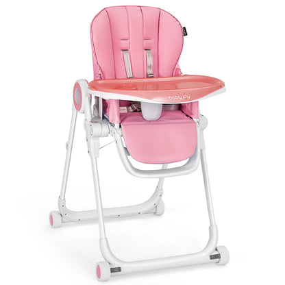 Baby High Chair Foldable Feeding Chair with 4 Lockable Wheels-Green - Pink