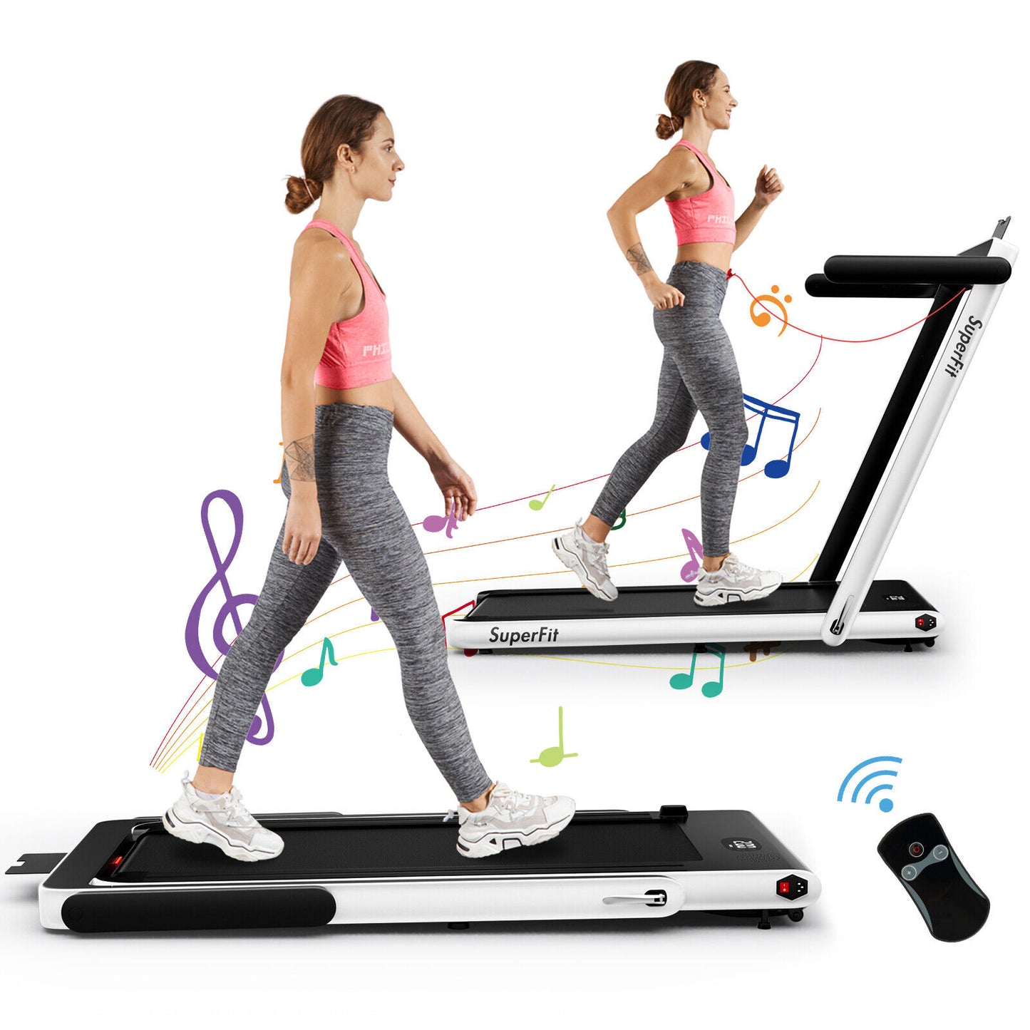 2.25HP 2 in 1 Folding Treadmill with APP Speaker Remote Control-Green - White