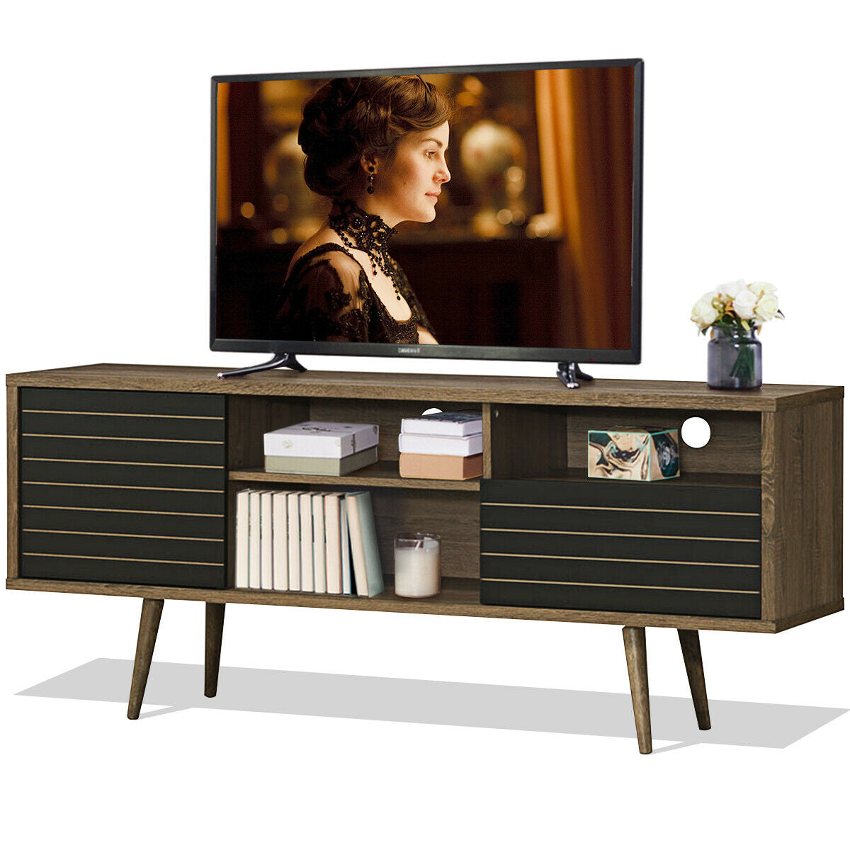 Mid-Century Modern TV Stand for TVs up to 65 Inch with Storage Shelves-Walnut & Black