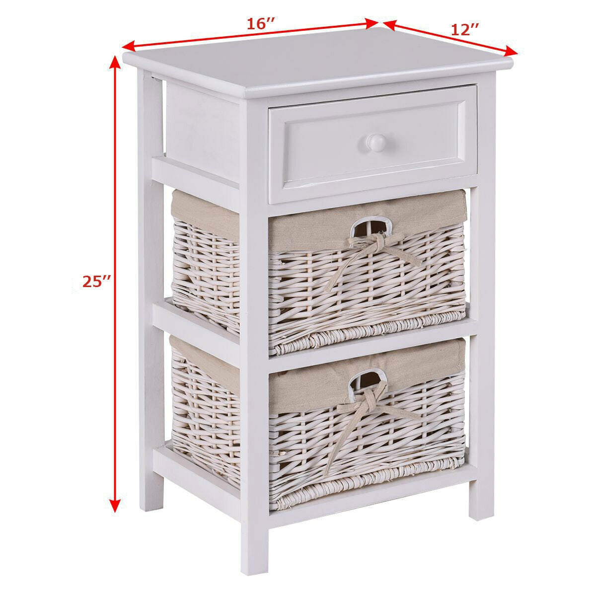 3 Tier Set of 2 Wood Nightstand with 1 and 2 Basket Drawer -White