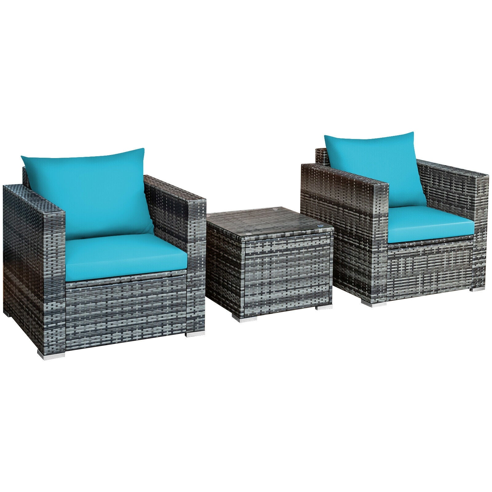 3 Pcs Patio Rattan Furniture Bistro Sofa Set with Cushioned-Navy - Turquoise
