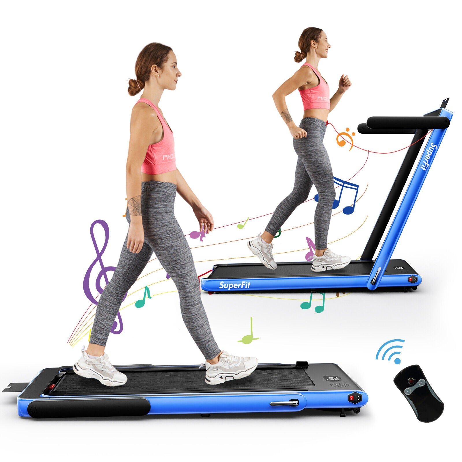 2.25HP 2 in 1 Folding Treadmill with APP Speaker Remote Control-Green - Navy