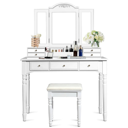Makeup Dressing Table with Tri-Folding Mirror and Cushioned Stool for Women