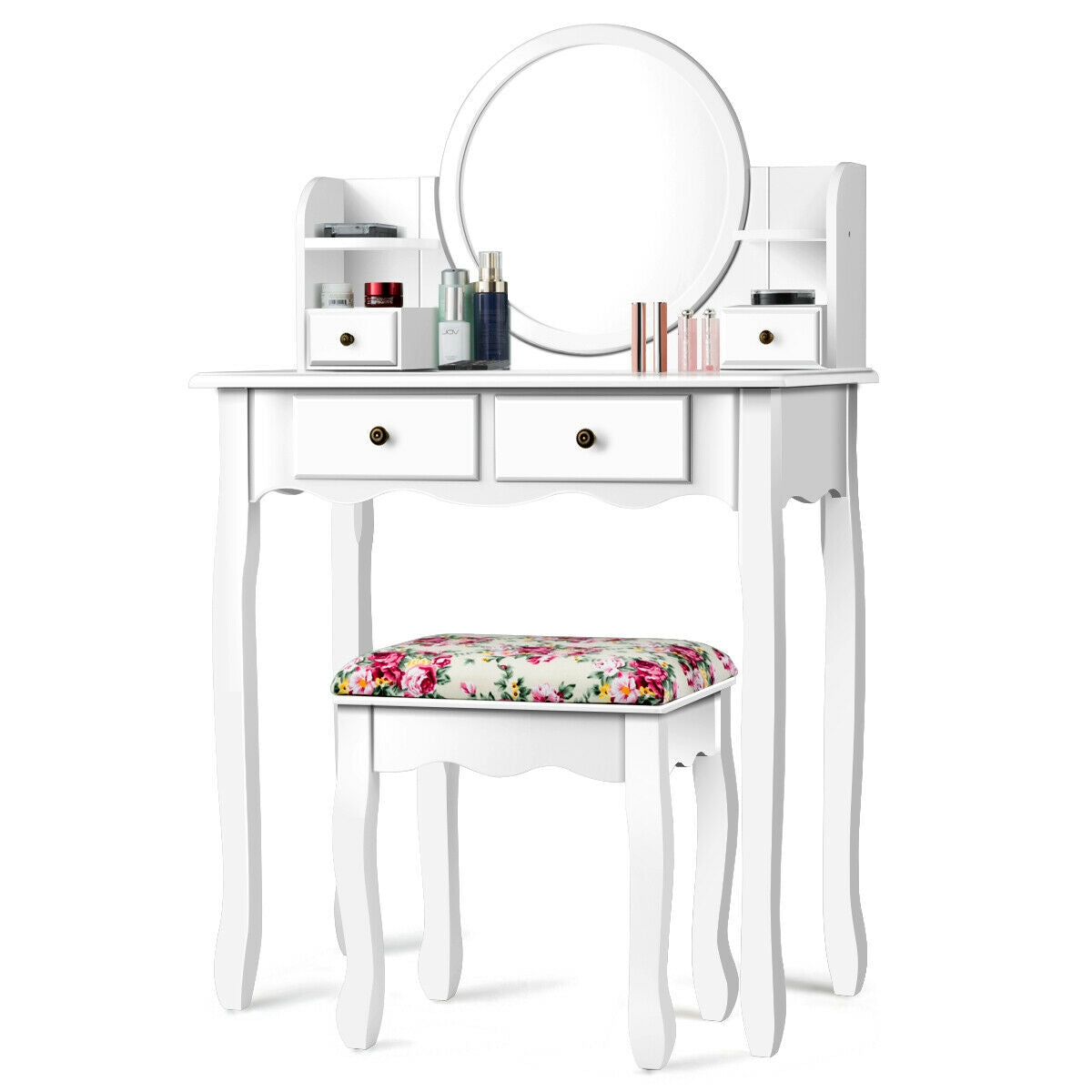 Makeup Vanity Table Set Girls Dressing Table with Drawers Oval Mirror-White - White
