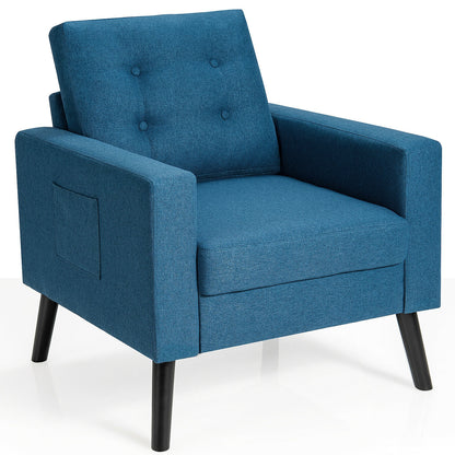 Mid-Century Upholstered Armchair Club Chair with Rubber Wood Legs-Beige - Blue