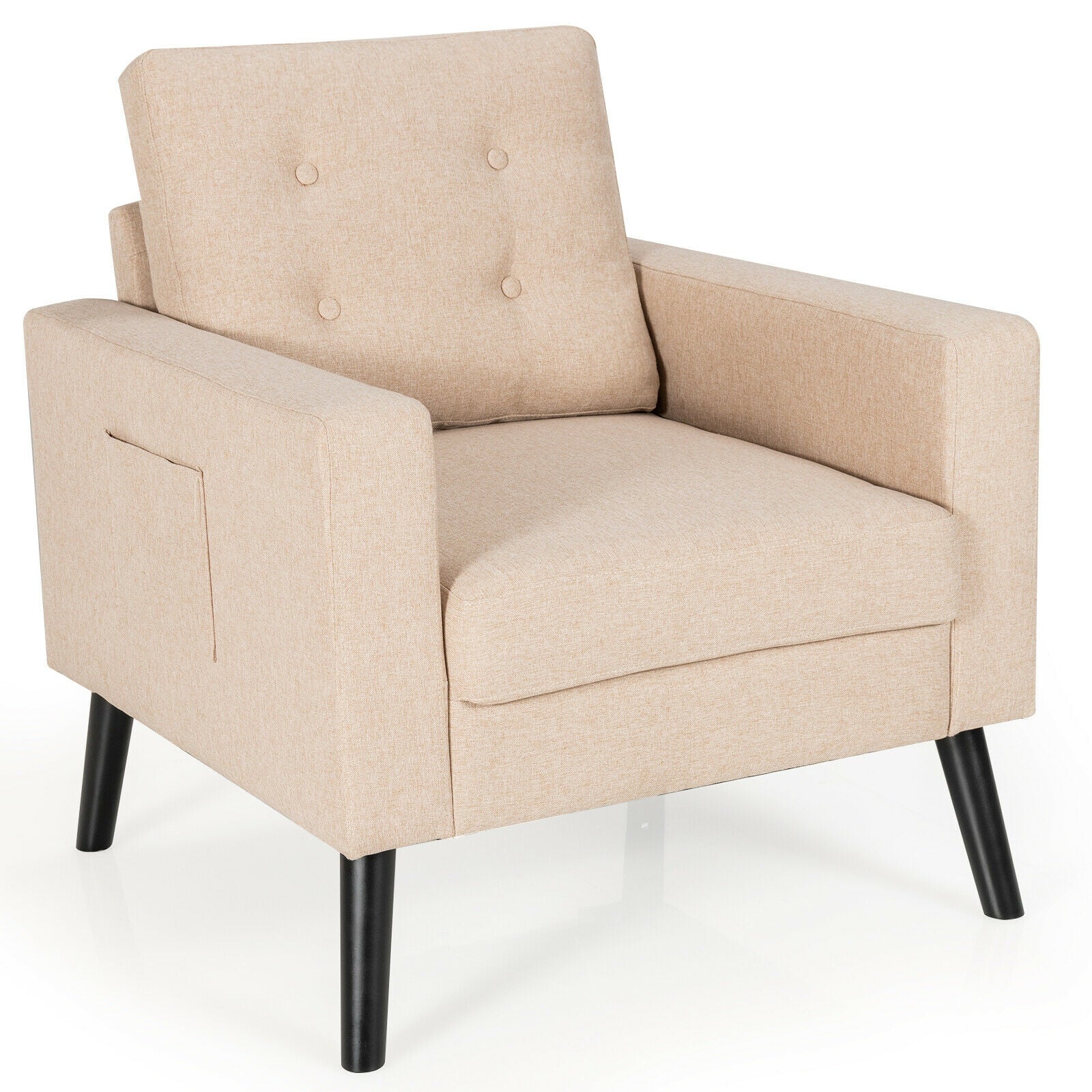Mid-Century Upholstered Armchair Club Chair with Rubber Wood Legs-Beige - Beige