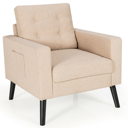 Mid-Century Upholstered Armchair Club Chair with Rubber Wood Legs-Beige - Beige