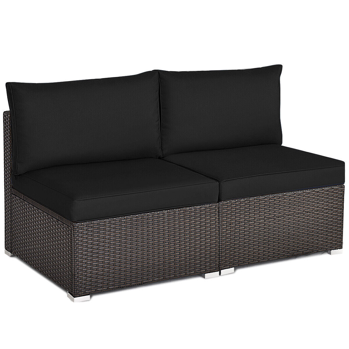 2 Pieces Patio Rattan Armless Sofa Set with 2 Cushions and 2 Pillows-Brown - Black