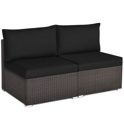 2 Pieces Patio Rattan Armless Sofa Set with 2 Cushions and 2 Pillows-Brown - Black
