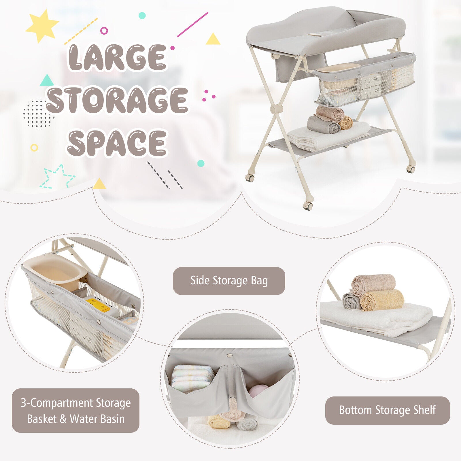 Baby Diaper Changing Table with Water Basin Wheel-Pink - Gray