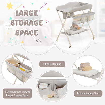 Baby Diaper Changing Table with Water Basin Wheel-Pink - Gray