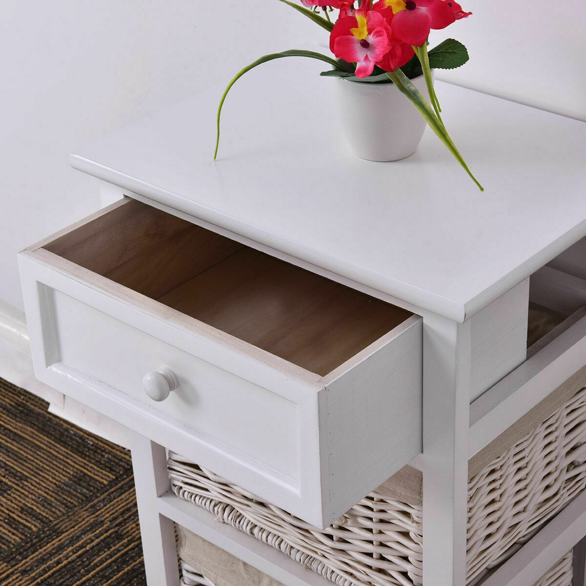 3 Tier Set of 2 Wood Nightstand with 1 and 2 Basket Drawer -White