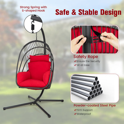 Hanging Folding Egg Chair with Stand Soft Cushion Pillow Swing Hammock-Red