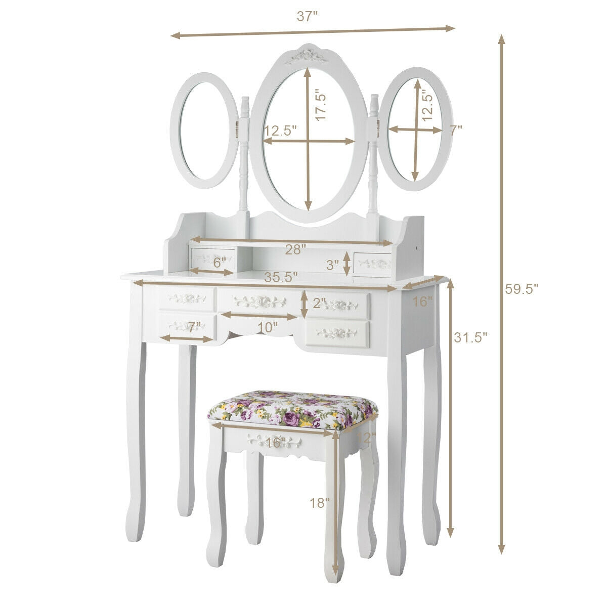 7 Drawer Tri-Folding Mirror Dressing Vanity Makeup Set-White