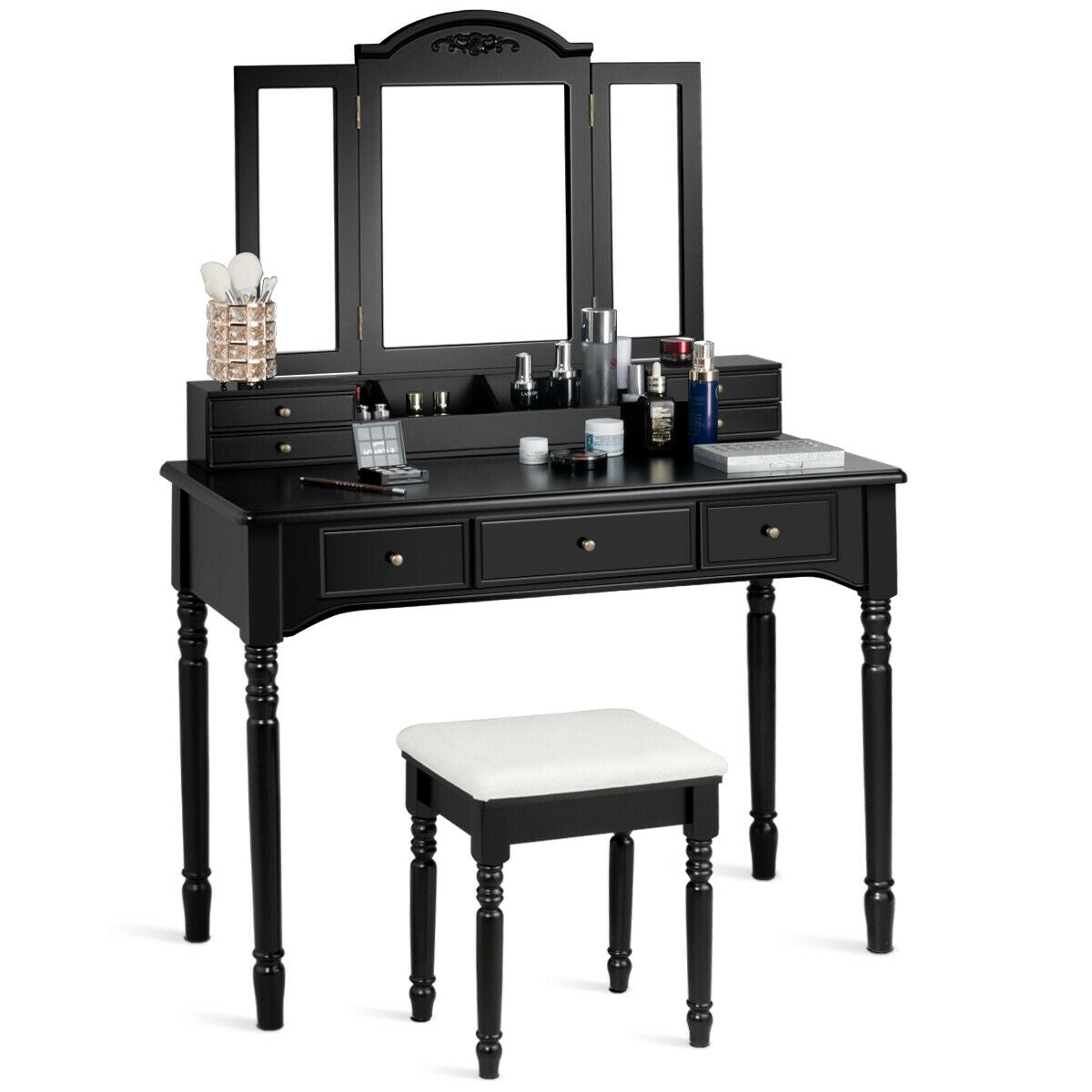 Makeup Dressing Table with Tri-Folding Mirror and Cushioned Stool for Women-Black - Black