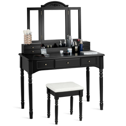 Makeup Dressing Table with Tri-Folding Mirror and Cushioned Stool for Women-Black - Black