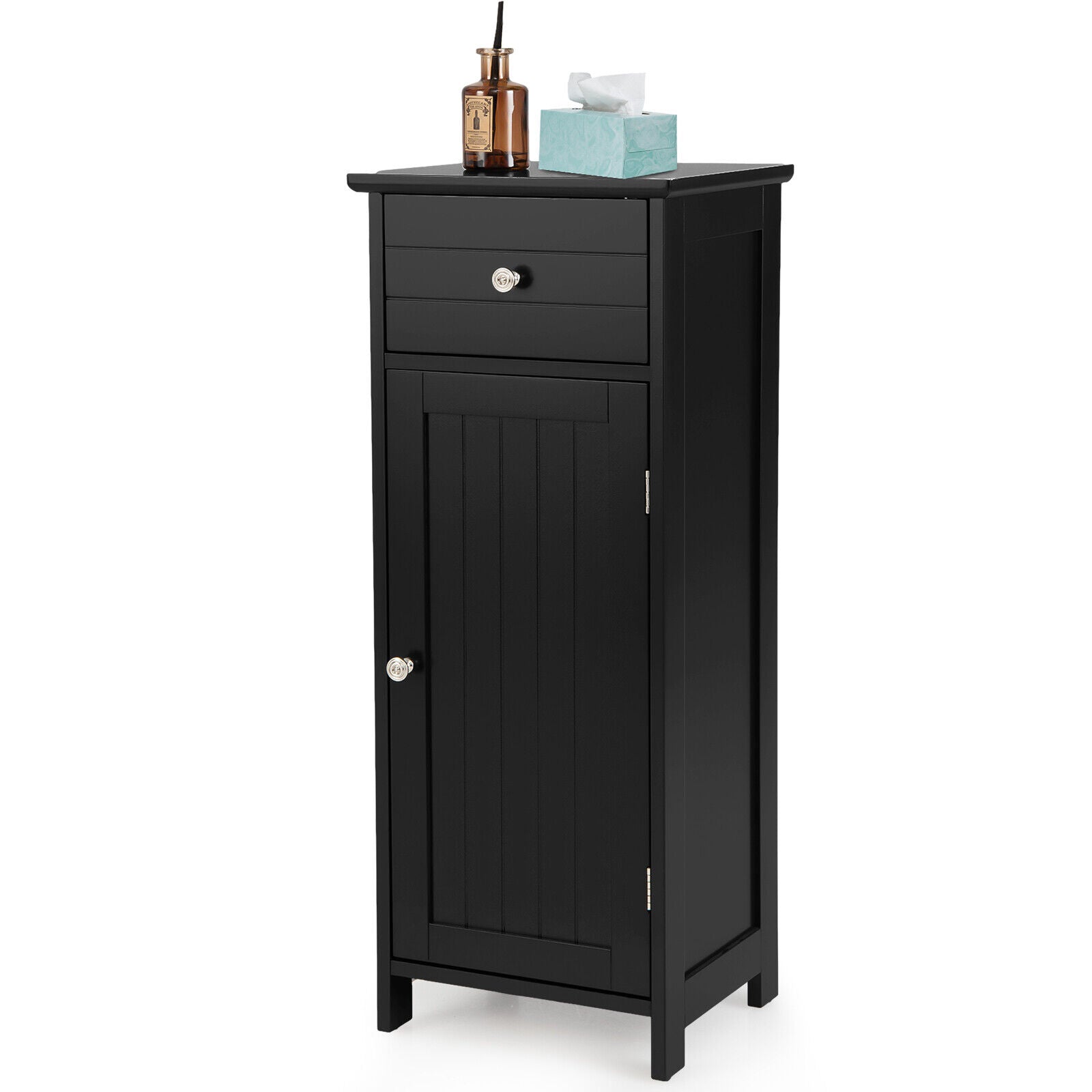 Wooden Bathroom Floor Storage Cabinet with Drawer and Shelf-Black