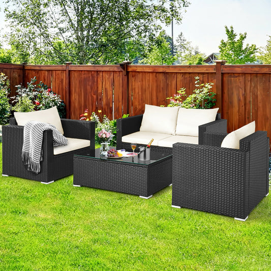 4 Pieces Patio Rattan Conversation Set with Cushions and Coffee Table-Black