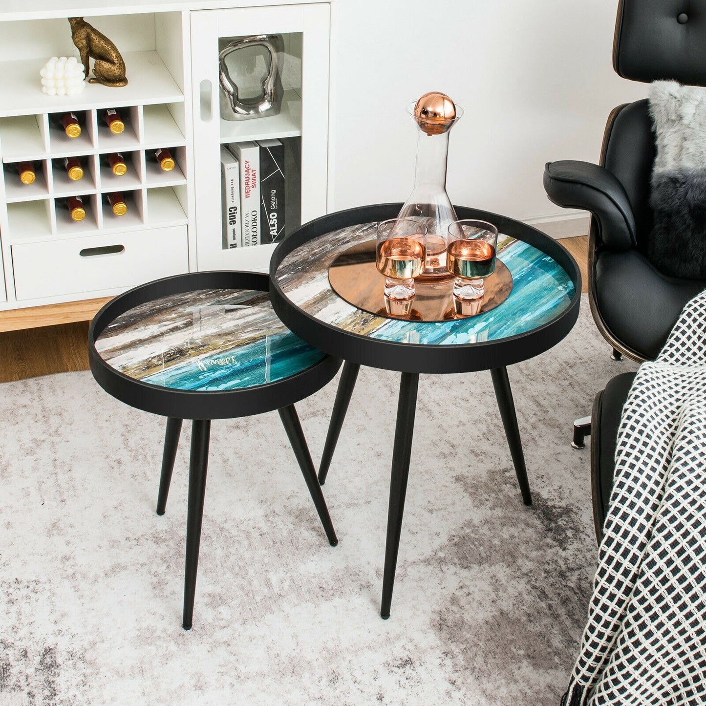 Set of 2 Stylish Nesting End Tables with Wooden Tray Top and Steel Legs-Black