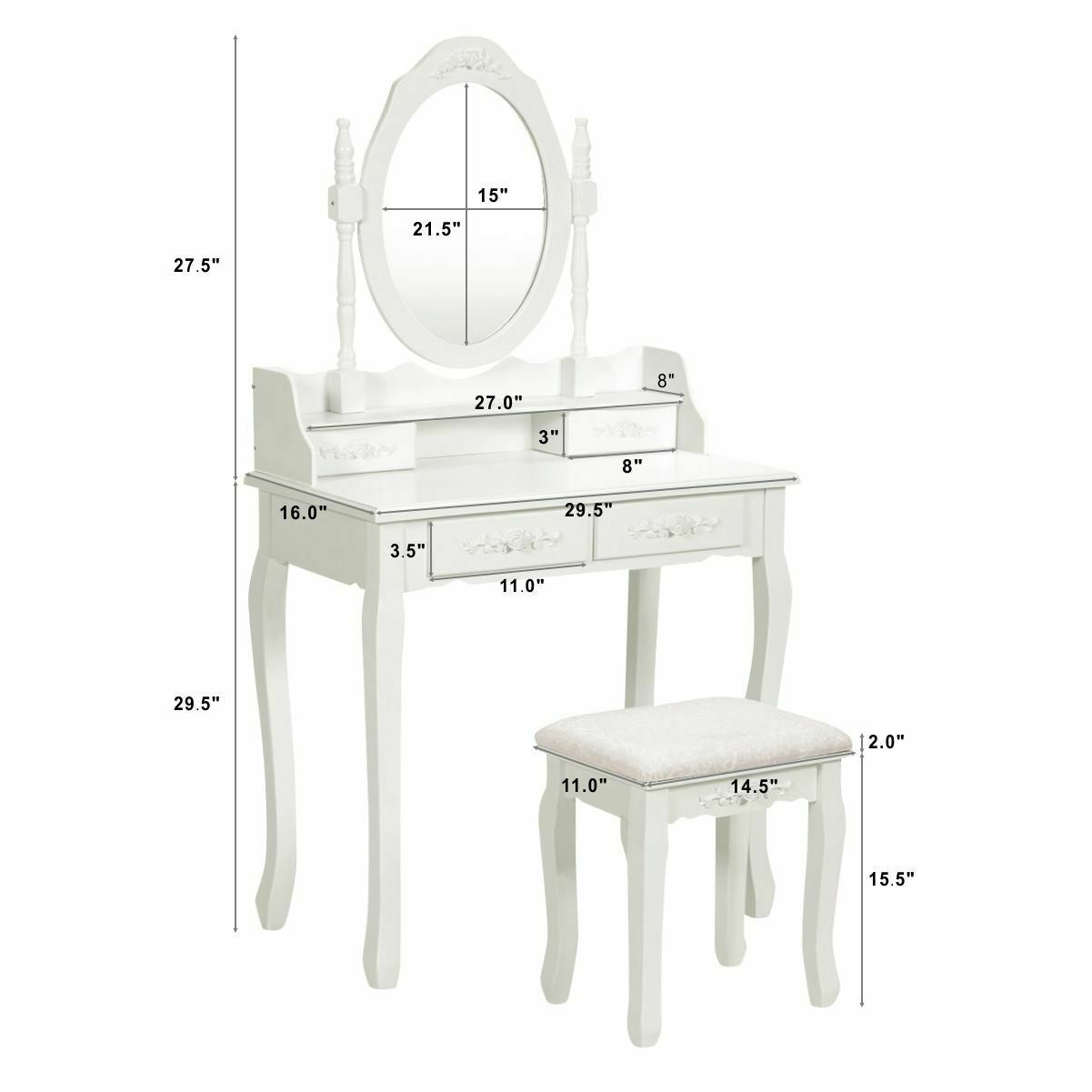 Wood Vanity Table Set with Oval Mirror and 4 Drawers for Kids Girls Women-White
