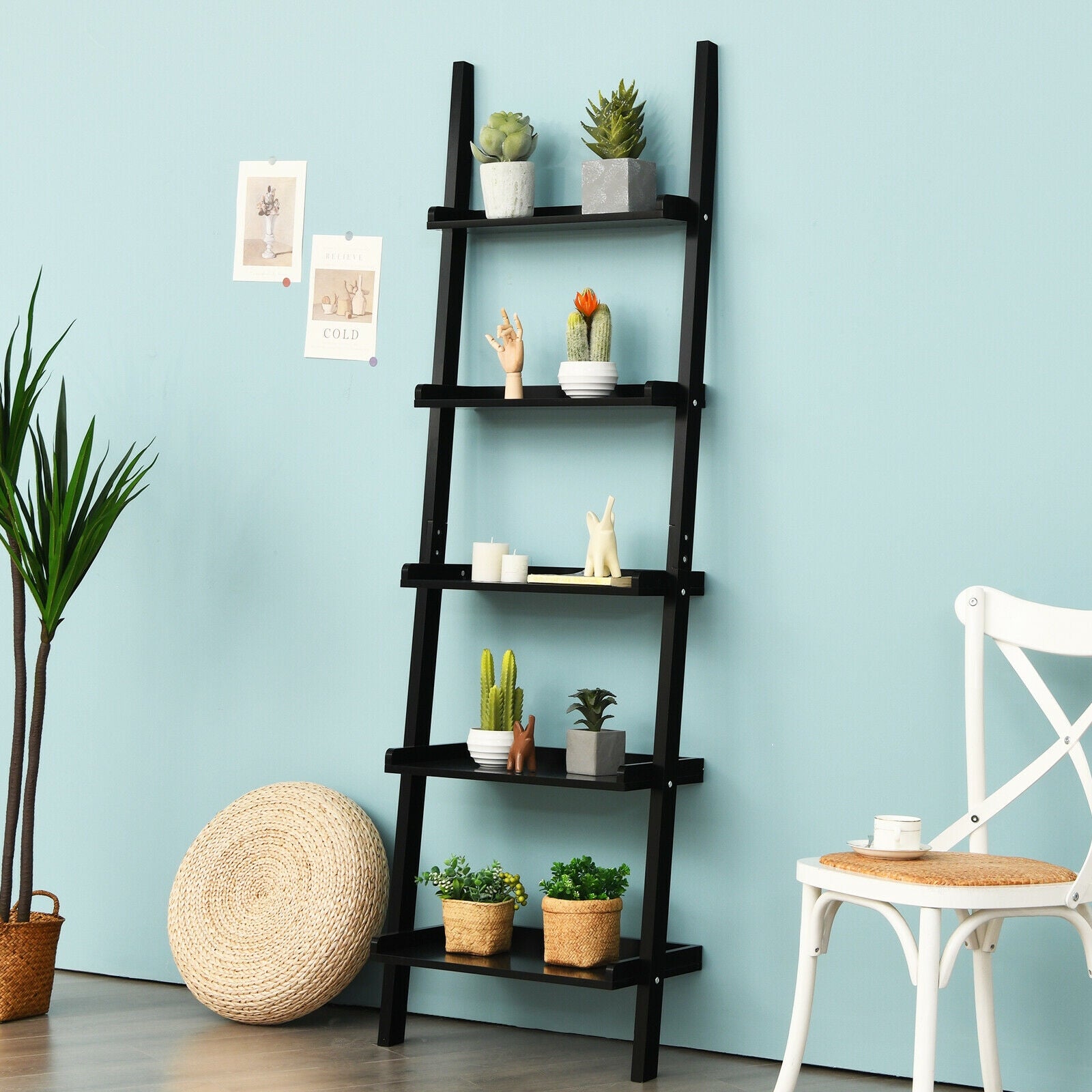 5-Tier Wall-leaning Ladder Shelf Display Rack for Plants and Books-Black