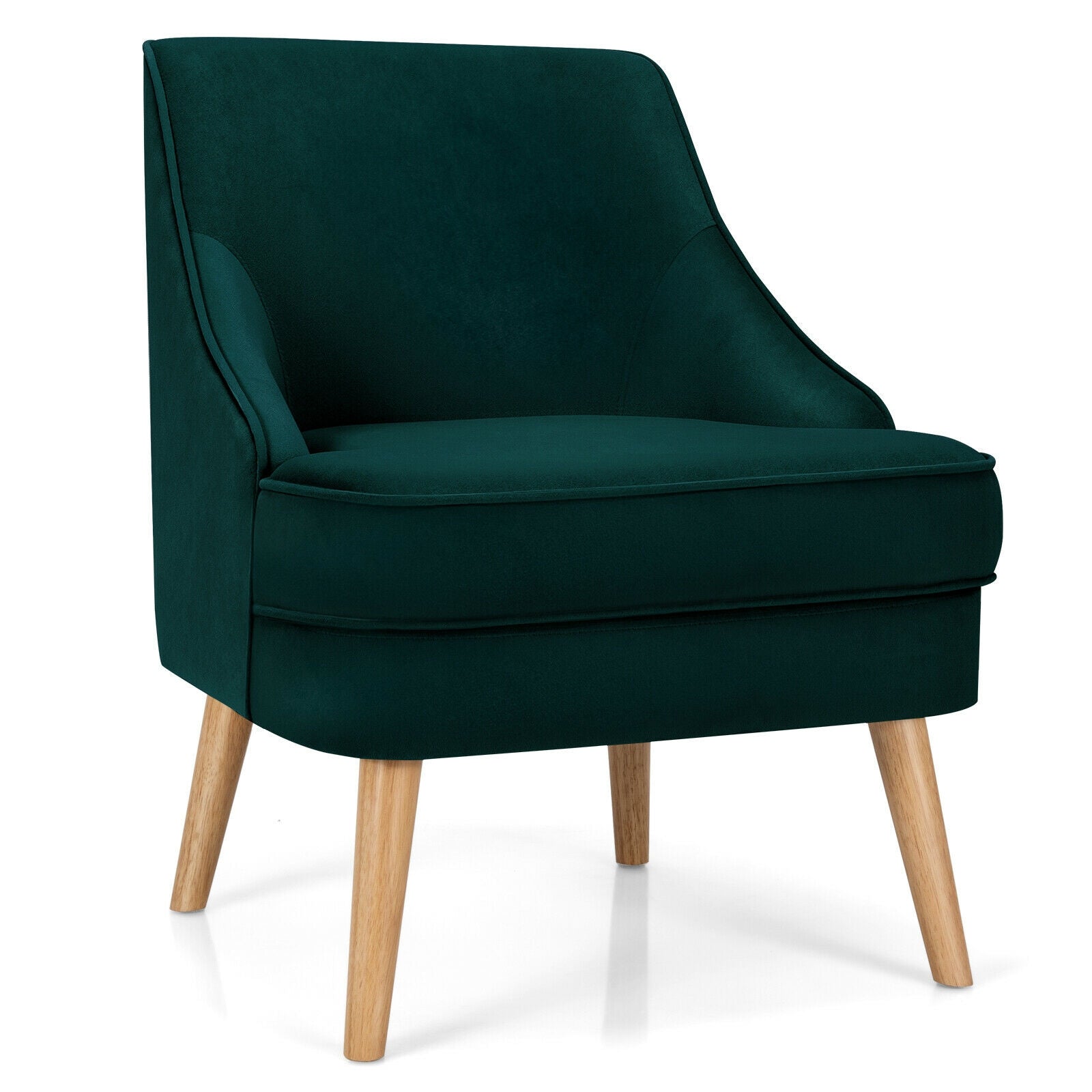 Mid Century Velvet Accent Chair with Rubber Wood Legs for Bedroom-Green - Green