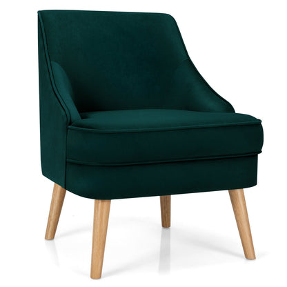 Mid Century Velvet Accent Chair with Rubber Wood Legs for Bedroom-Green - Green