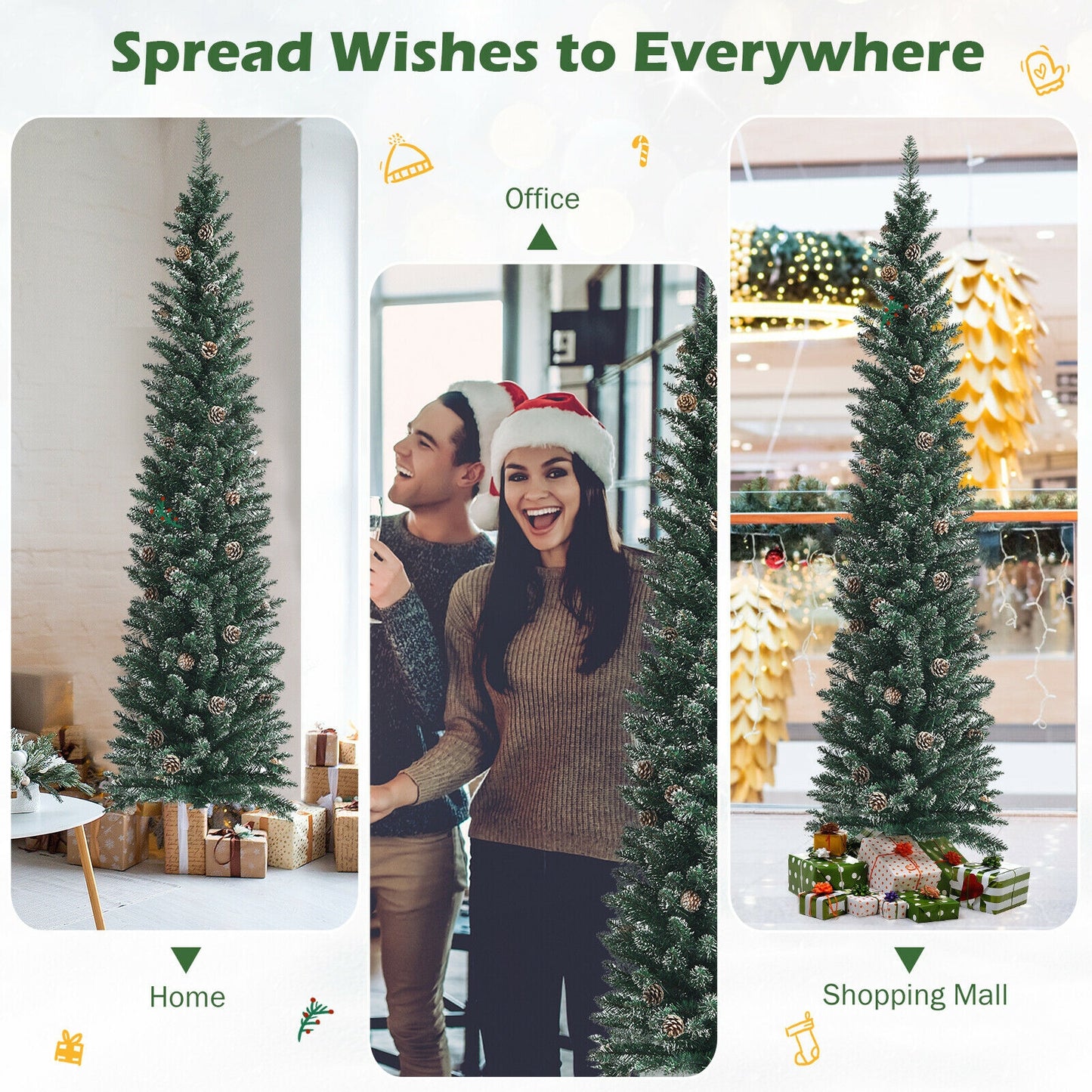 Snowy Artificial Pencil Christmas Tree with Pine Cones-7 ft