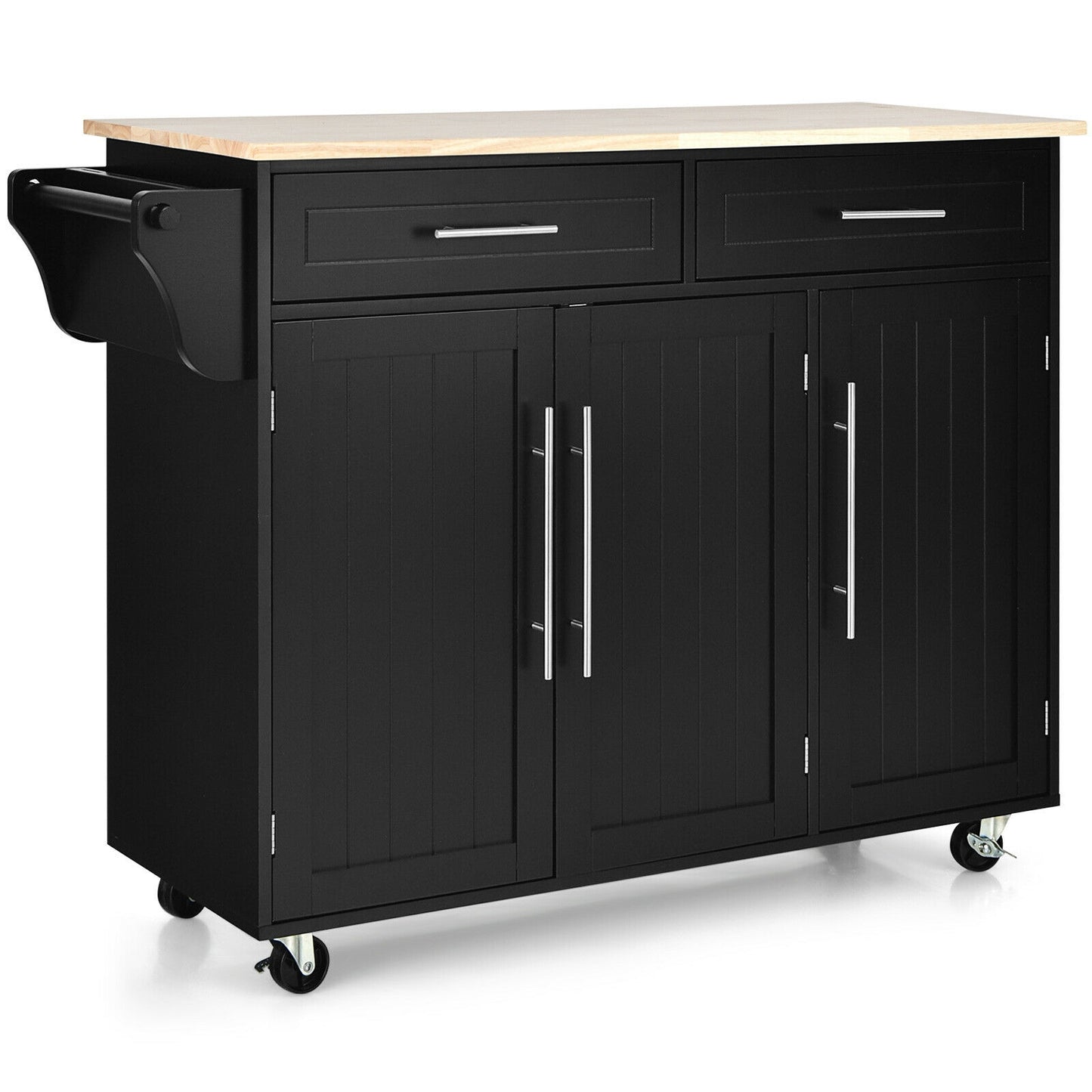 Kitchen Island Trolley Cart Wood Top Rolling Storage Cabinet-White - Black