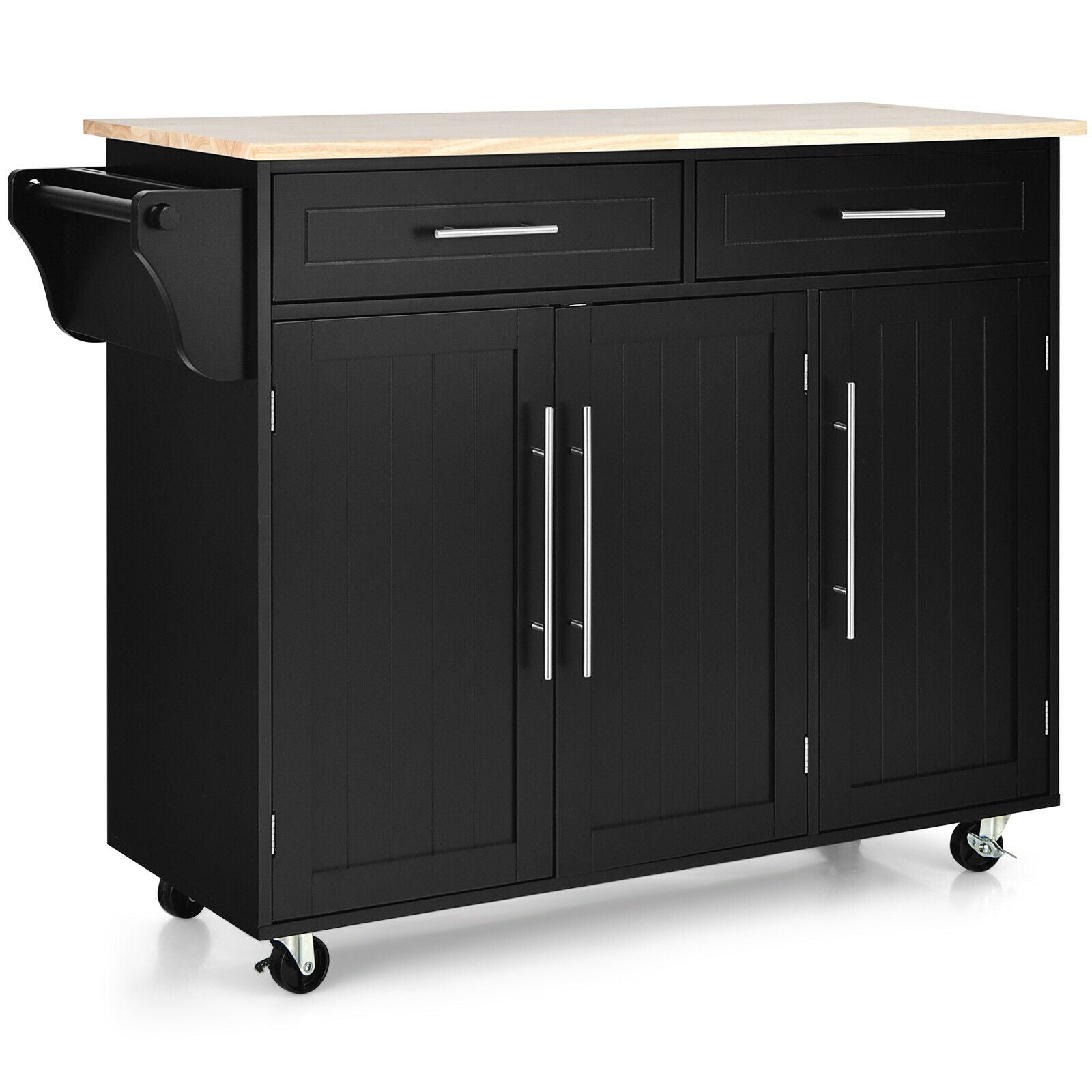 Kitchen Island Trolley Cart Wood Top Rolling Storage Cabinet-White - Black