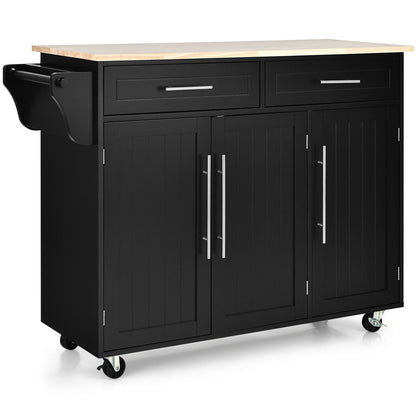 Kitchen Island Trolley Cart Wood Top Rolling Storage Cabinet-White - Black