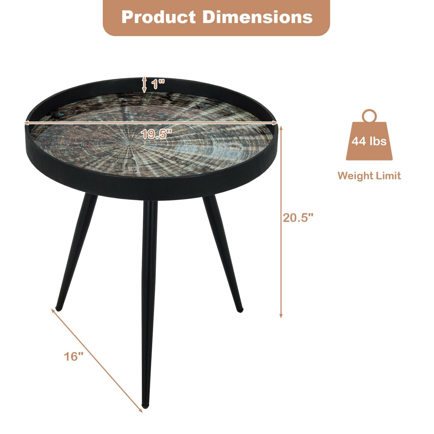 Modern Round End Table with Wooden Tray Top for Living Room Bedroom-Black