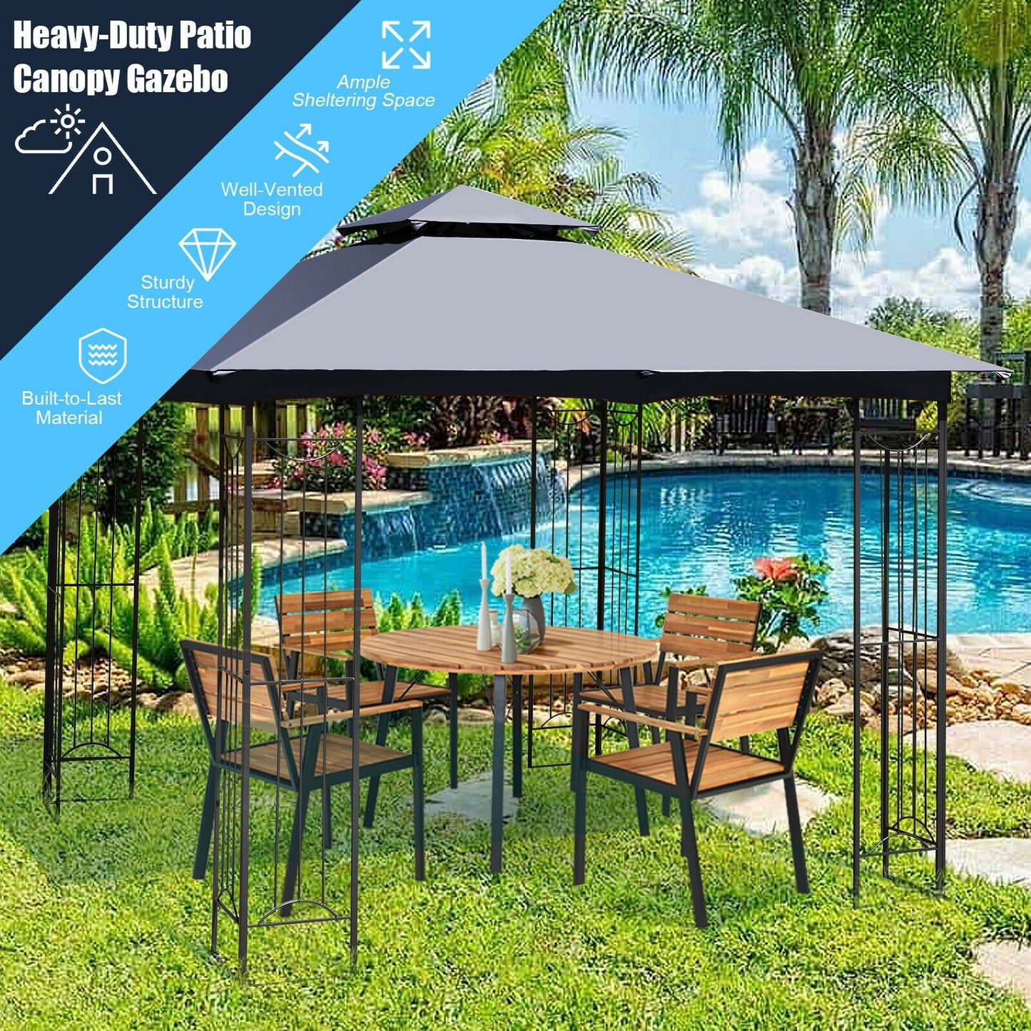 10 x 10 Feet L-Shaped Patio Canopy Gazebo Outdoor 2-Tier Steel Tent-Gray - Gray