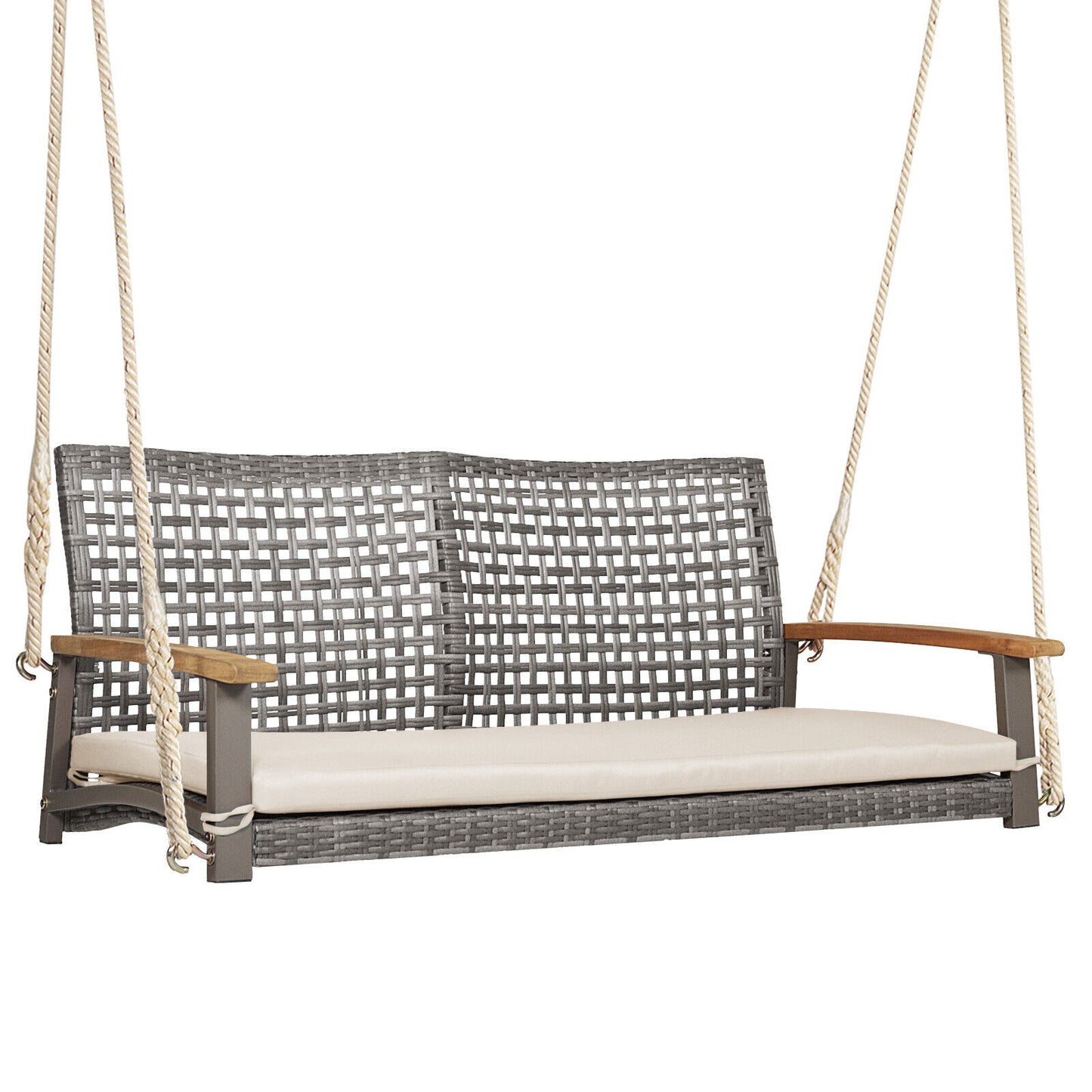 2-Person Patio Wicker Hanging Swing Chair-Red - Off White