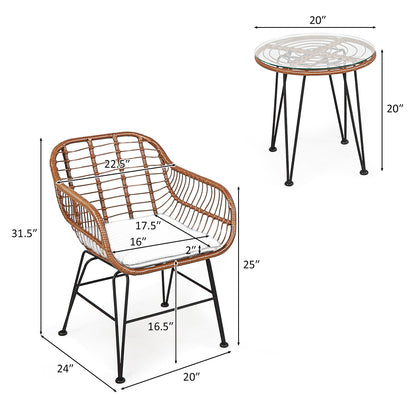 3-Piece Rattan Bistro Set with Cushions and Glass Table
