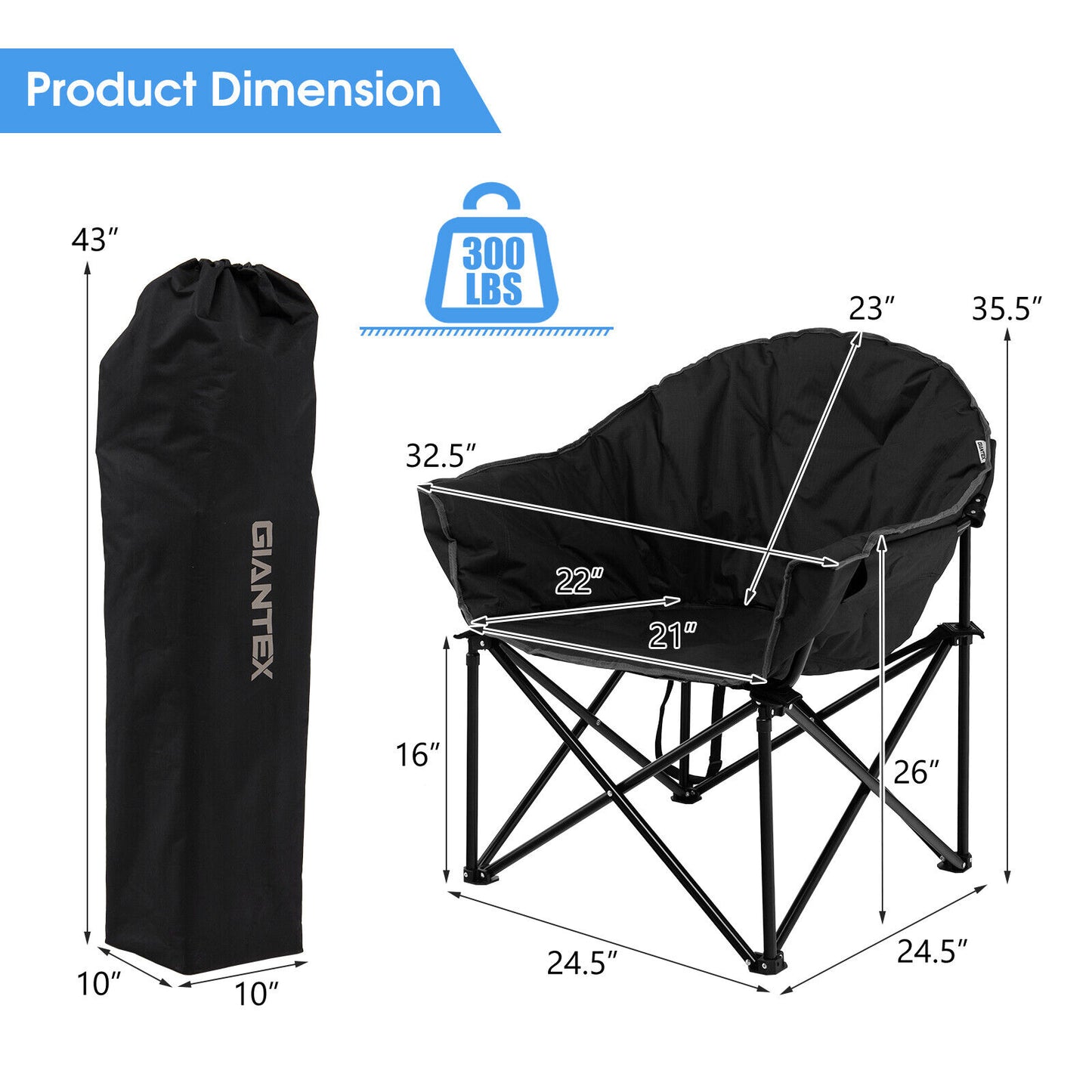 Folding Camping Moon Padded Chair with Carrying Bag-Brown - Black
