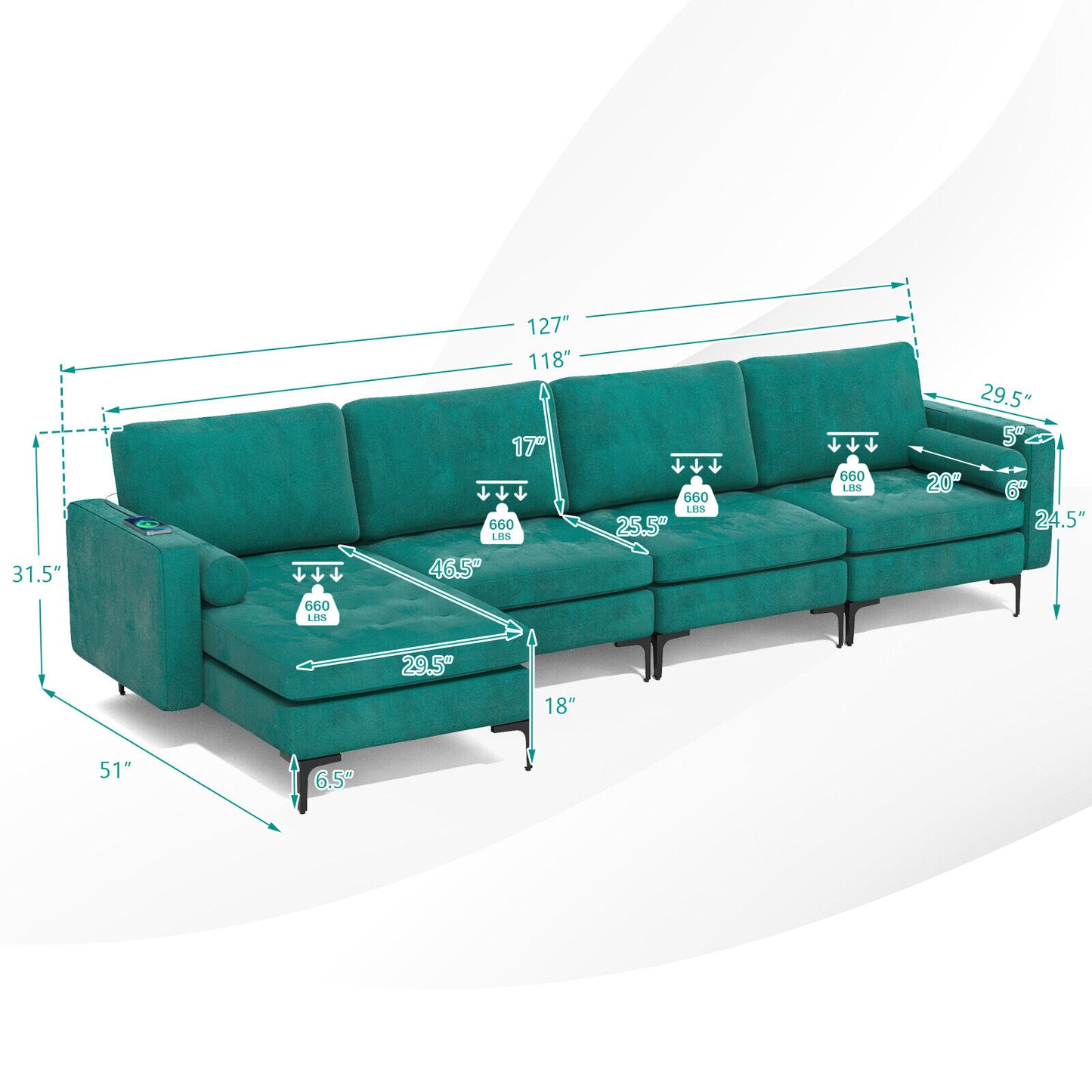 Modular L-shaped 4-Seat Sectional Sofa with Reversible Chaise and 2 USB Socket