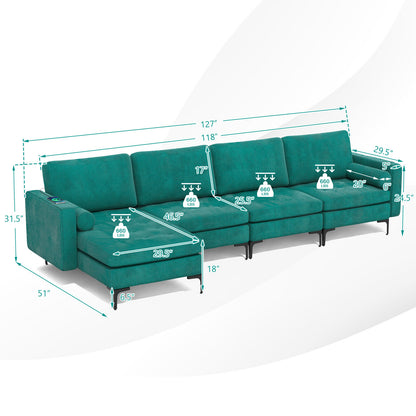 Modular L-shaped 4-Seat Sectional Sofa with Reversible Chaise and 2 USB Socket