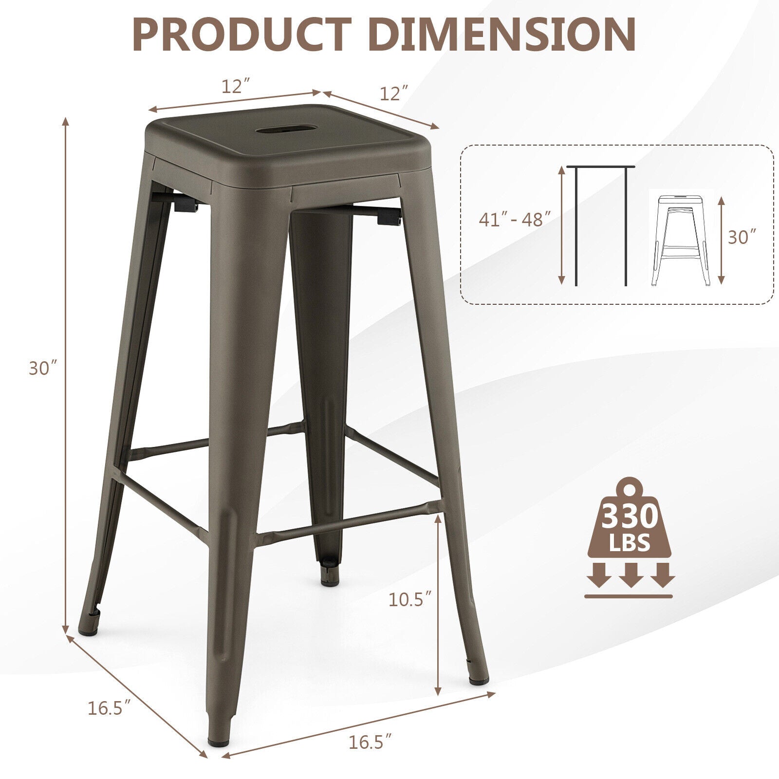30 Inch Bar Stools Set of 4 with Square Seat and Handling Hole-Gun