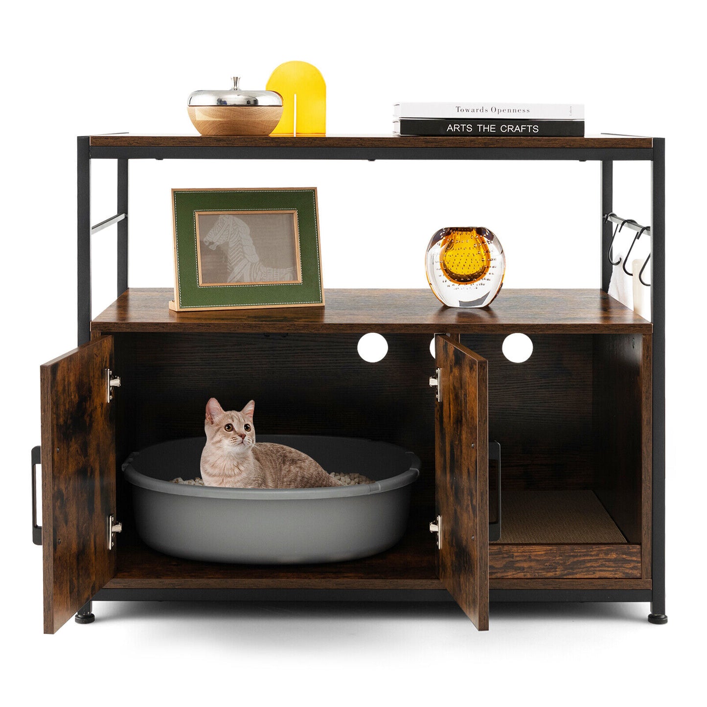Wooden Cat Box Cabinet with with Metal Frame and Scratching Pad-Rustic Brown