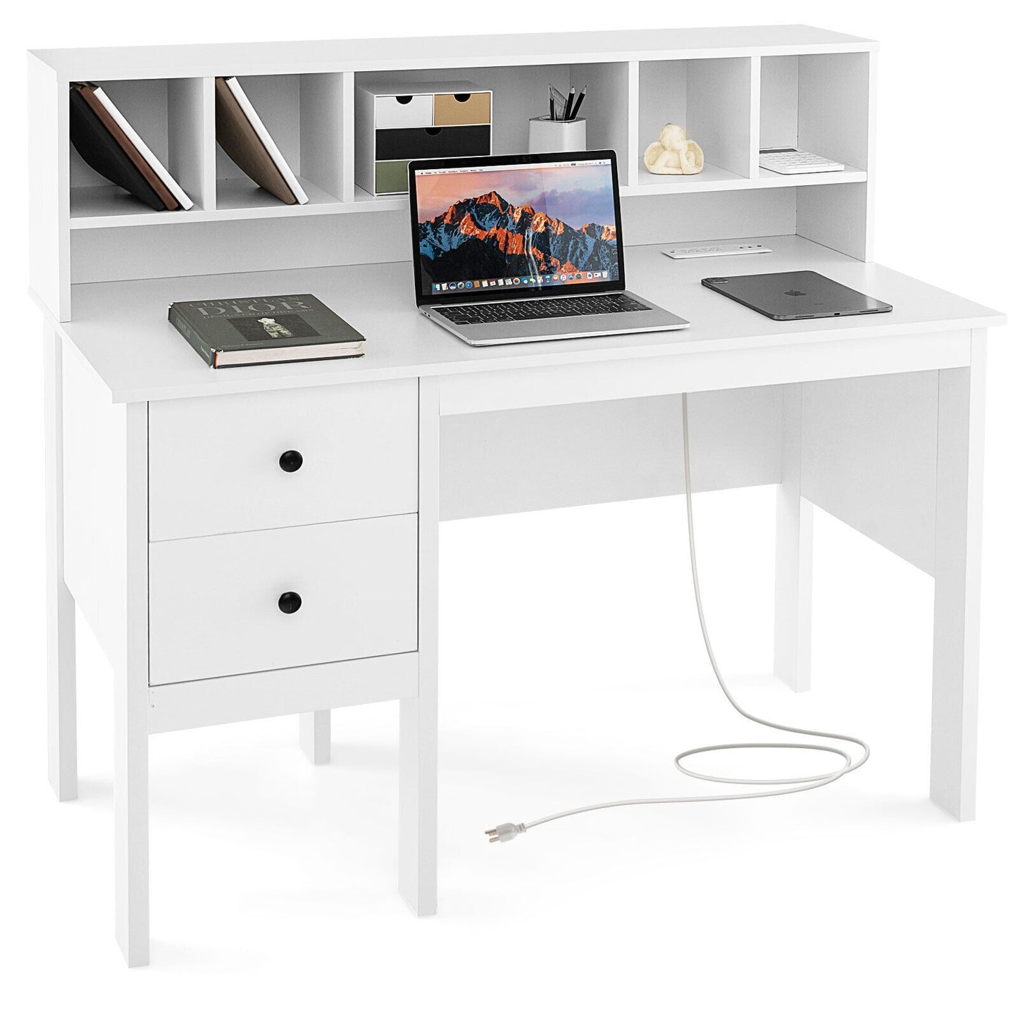 48 Inch Computer Desk with Drawers Power Outlets and 5-Cubby Hutch-White - White