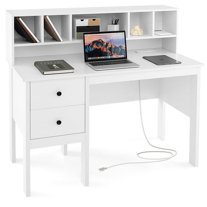 48 Inch Computer Desk with Drawers Power Outlets and 5-Cubby Hutch-White - White